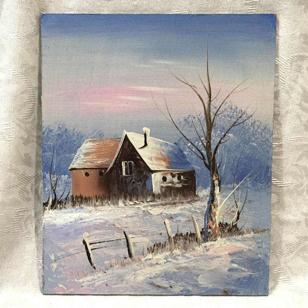 Vintage Original Painting Winter Cabin Farm Country on Board 9.5x8